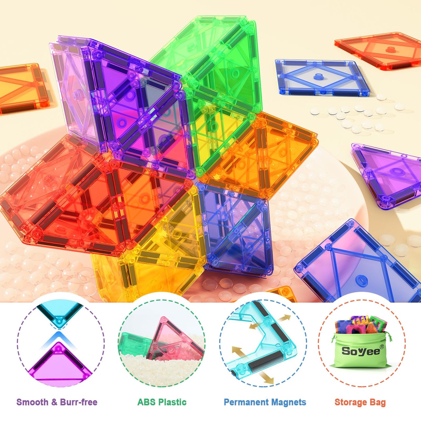Soyee 102PCS Magnetic Tiles Building Blocks Stem Toys for 3+ Year Old Boys Girls Montessori Toys Toddler Kids Gifts Parents Approved Sensory Toys