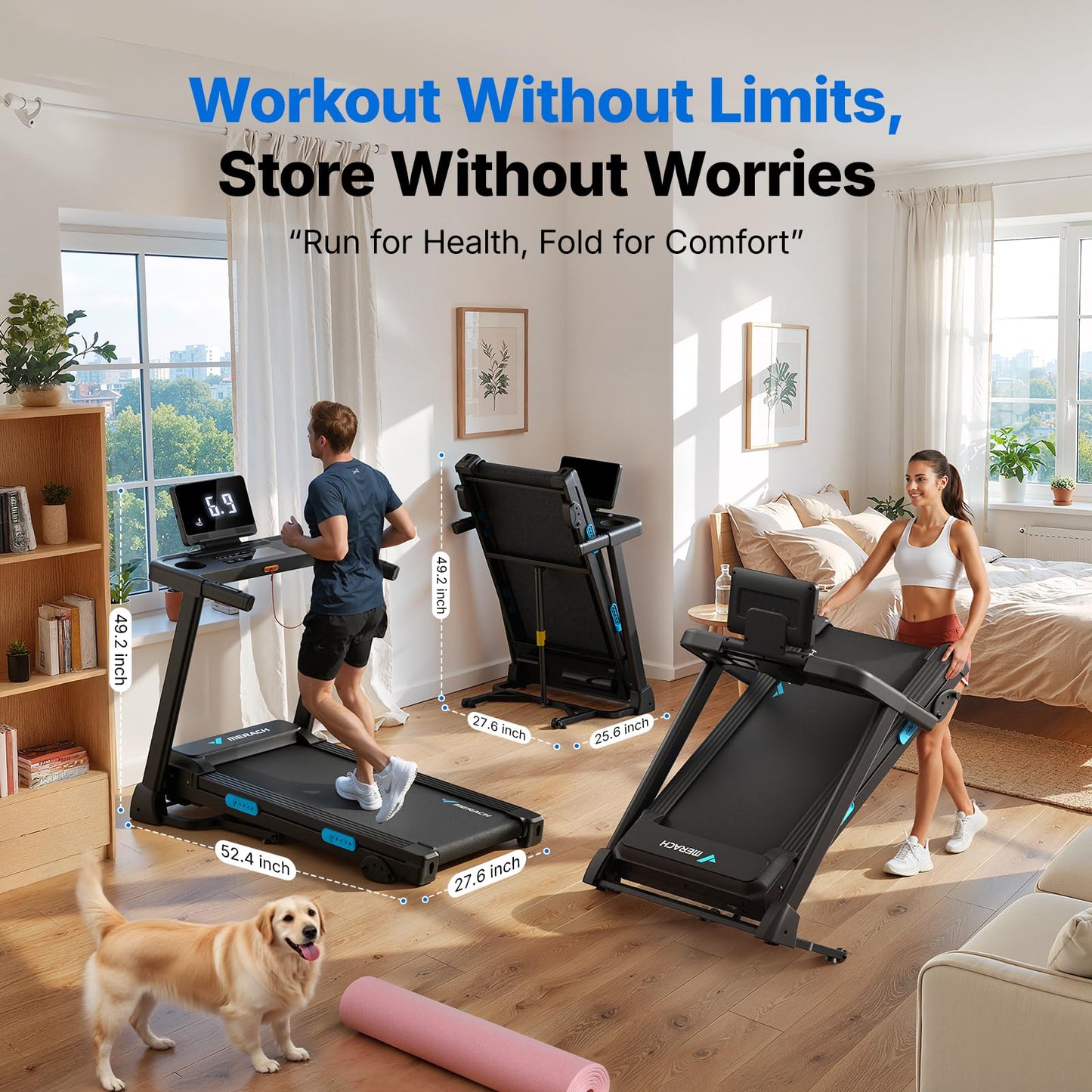 MERACH Treadmill with Incline 6%-15%, 300 LBS Capacity Foldable Running Treadmills for Home, 0.5-7.5MPH 2.5HP Brushless Double Deck Incline Foldinng Treadmill LED Display with Smart APP