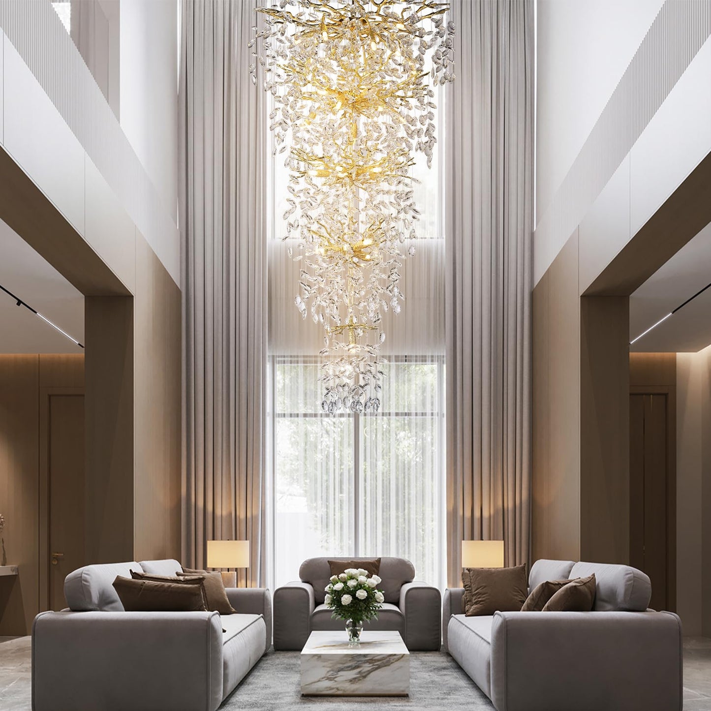 118'' Long Crystal Chandelier for High Ceiling, 28-Light Modern Gold Tree Branch Chandelier, Large Chandeliers for Foyer Entryway Staircase Living Room, 5-Tier Luxury K9 Crystal Raindrop Light Fixture
