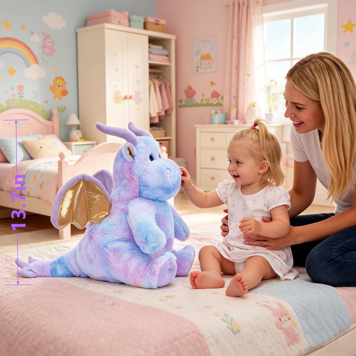 Tezituor Purple Stuffed Dinosaur for Girls,Cute Dragon Stuffed Animal,6 Pcs Mommy Dino Plush Toy with 3 Baby Dinosaurs,Large Pterosaur Stuffy,Triceratops, Stegosaurus Plushies Birthday