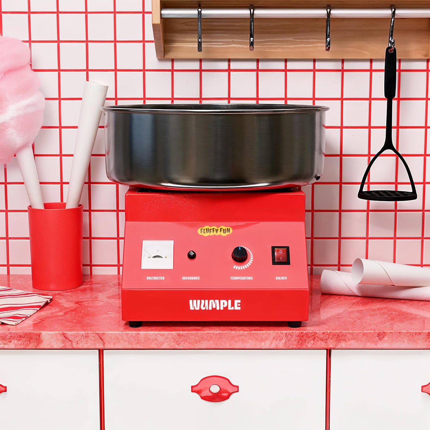 Wumple - Cotton Candy Machine Pro, Quick Heat-Up, Electric Machine with Large Stainless Steel Bowl for Parties & Business (Red)
