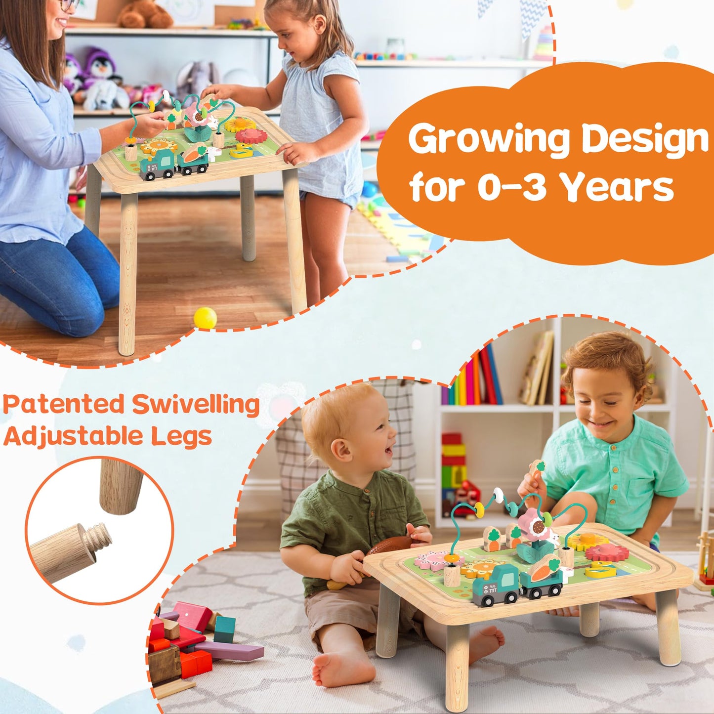 Himold Activity Table for Kids 6-36 Months, 9 in 1 Wooden Montessori Toys with Bead Maze Shape Sorter Train Toy, Baby Sensory Table Toddler Toys 1st Birthday Gifts for Kids