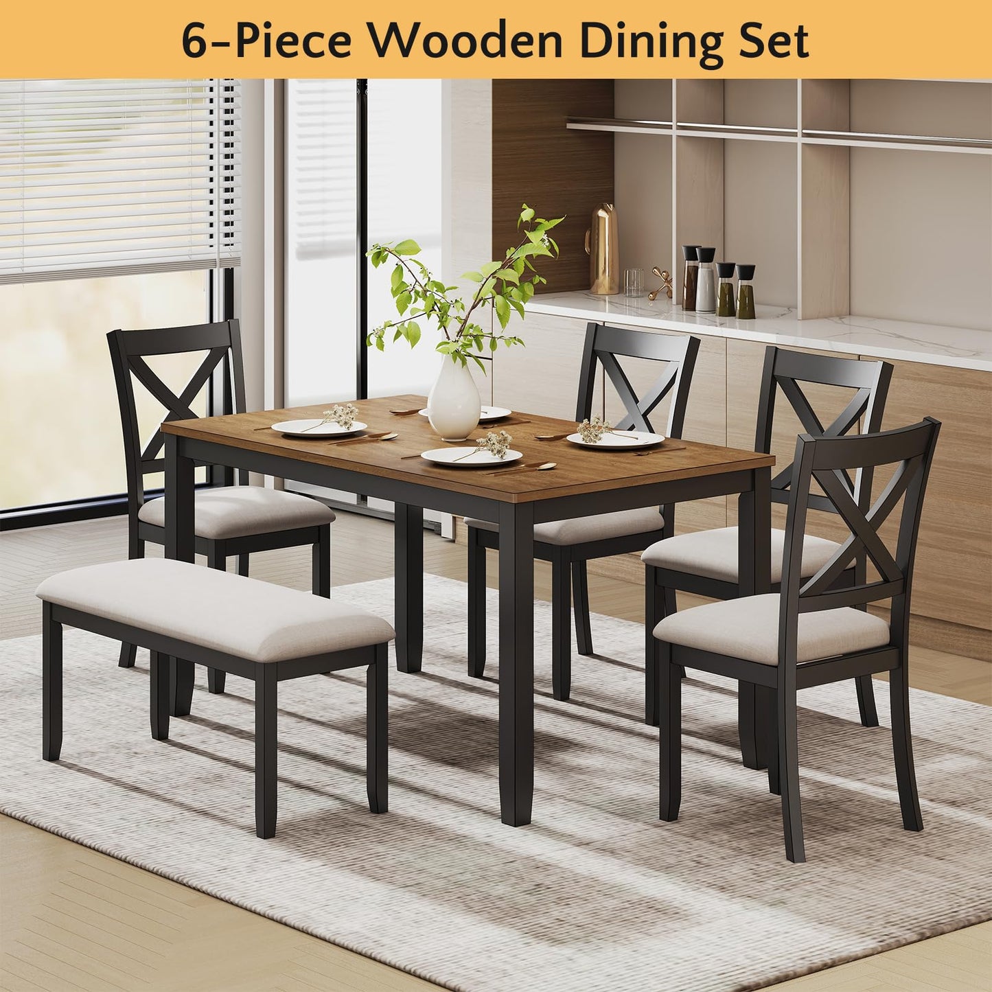 Zevemomo 6-Piece Solid Wood Dining Table Set, Including 1 Dining Table, 4 Upholstered Chairs and 1 Bench, Farmhouse Wooden Legs Dining Table Set for Living Room, Kitchen, Black