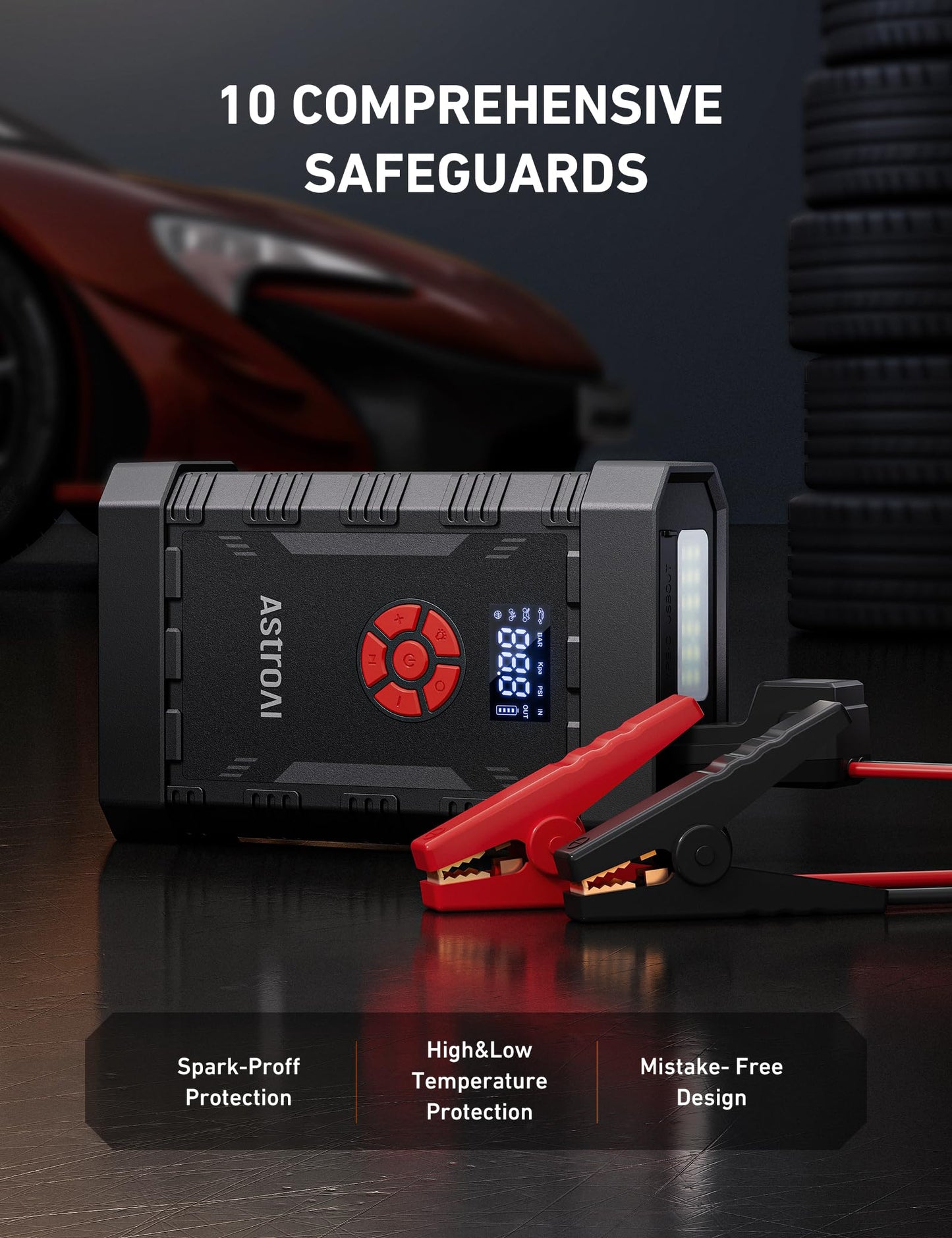 AstroAl A30 Jump Starter with Air Compressor, 4000A &150PSI Portable Car Battery Jump Starter (10.0 Gas/8.0LDiesel) with Tire Inflator, 12V Battery Charger, 18W Quick Charge, Jumper Cables, Lights