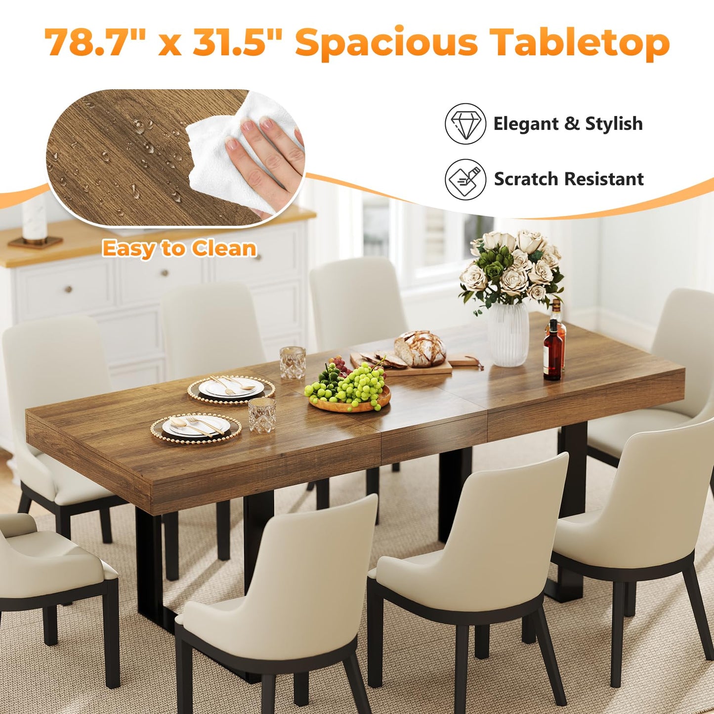 Zevemomo 63"-78.7" Expandable Dining Table, 6-8 Extendable Dining Table, Rectangle Conference Table, Farmhouse Kitchen Table with Slide Track, Tapered U-Shaped Wood Legs for Office, Living Room-Brown