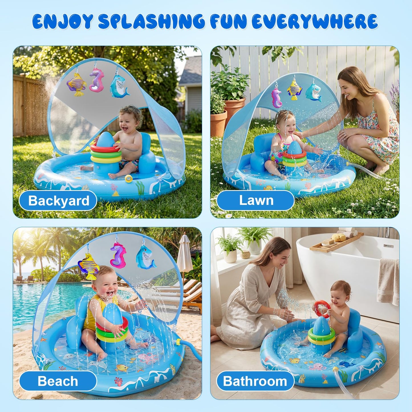 Verdenu Baby Splash Pad with Canopy, Baby Play Mat with Sprinkler, Toddler Splash Sprinkler Pad with Backrest & Stackable Rings, Summer Outdoor Water Play Toys for Boys Girls