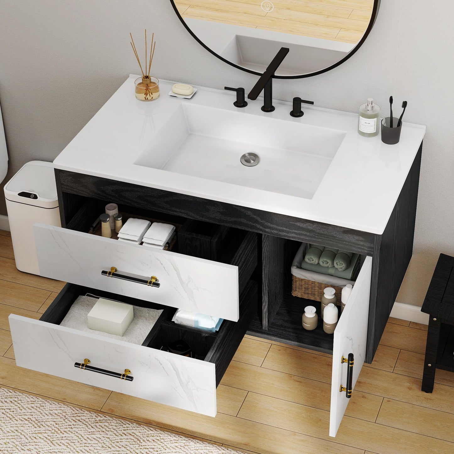 YITAHOME 36 Floating Vanity with Sink, Wall Mounted Bathroom Cabinet Vanity with Soft-Close System Cabinet, Marble Pattern, 2 Drawers & Pre-drilled Three Holes