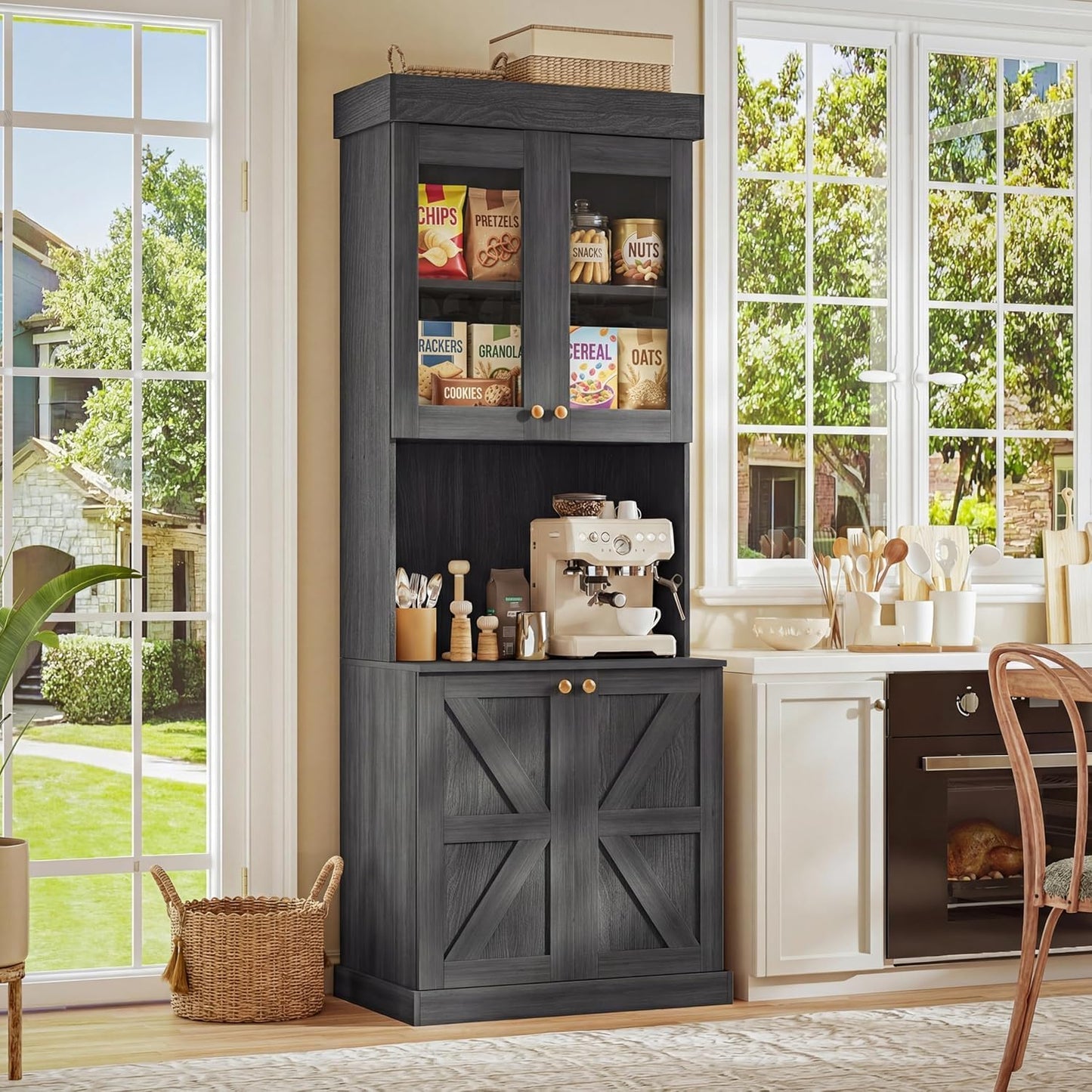 Vyre 71" Farmhouse Pantry Cabinet Set of 3, Large Storage Hutch with Glass Doors, Drawers and Adjustable Shelves, Freestanding Coffee Bar with Microwave Stand for Kitchen or Living Room, Black