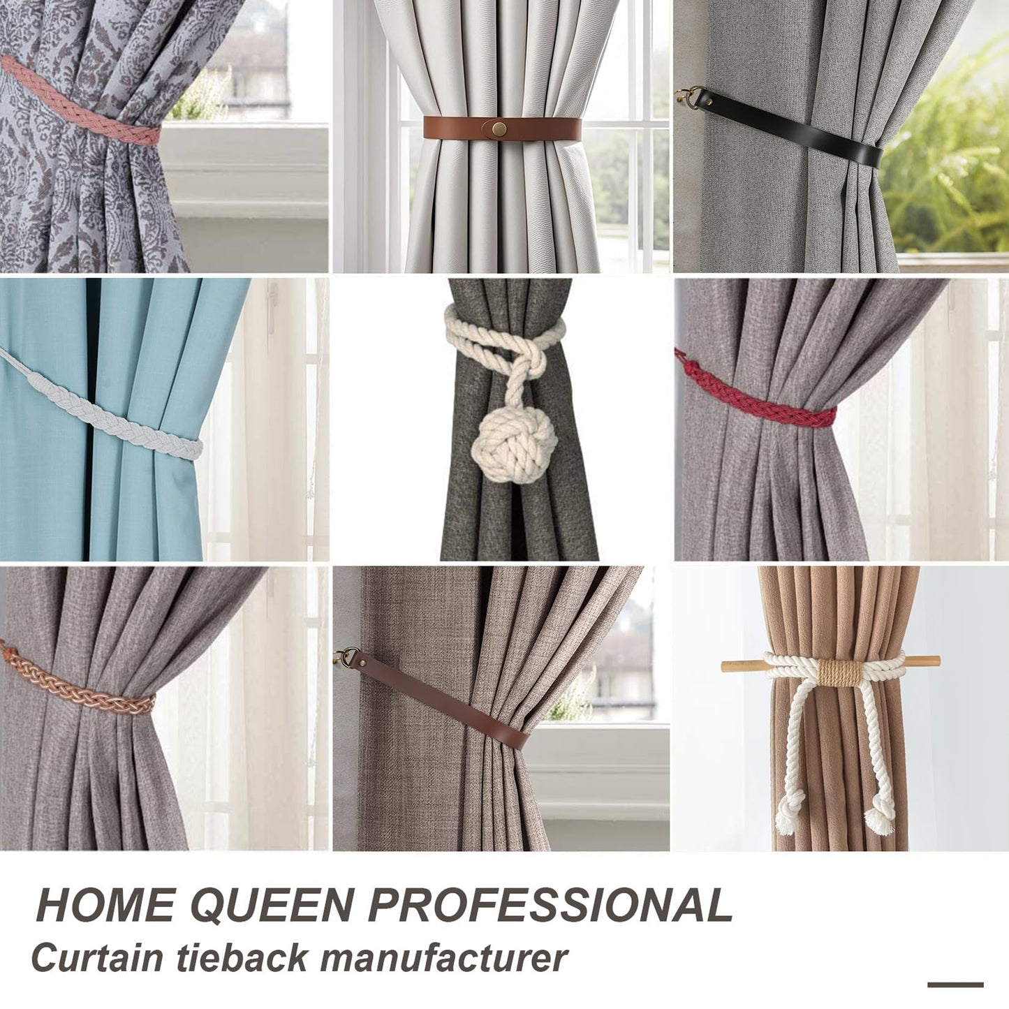 Home Queen PU Leather Curtain Tiebacks, Modern Faux Leather Curtain Straps with Adjustable Buttons, No Drill Holdbacks for Bedroom, Living Room, Hotel, Office, Set of 2,Chocolate