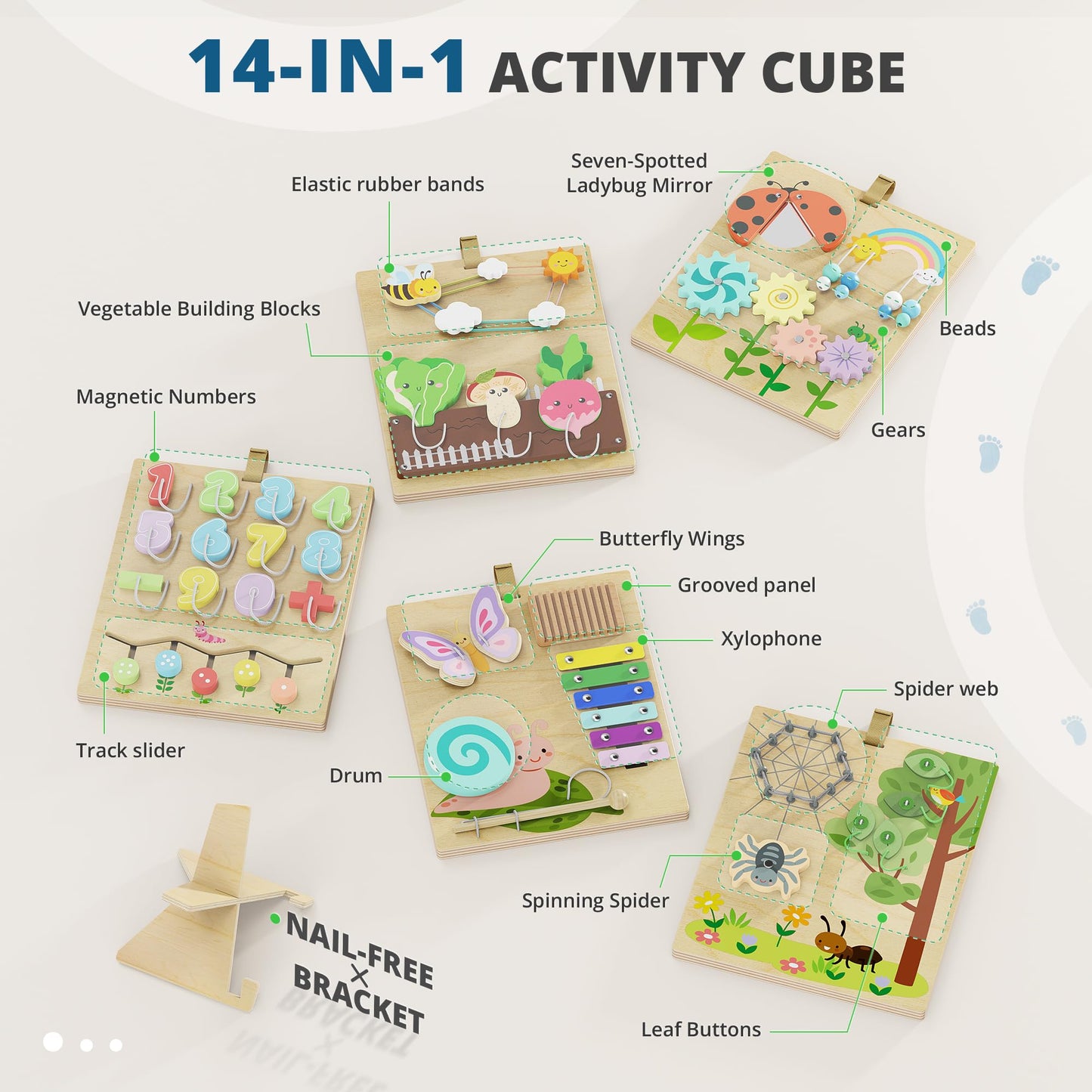 BlueWood Wooden Busy Board for Toddlers, 14-in-1 Montessori Philosophy Educational Toy, Activity Center Made from Basswood, No Drilling, Easy to Carry & Store