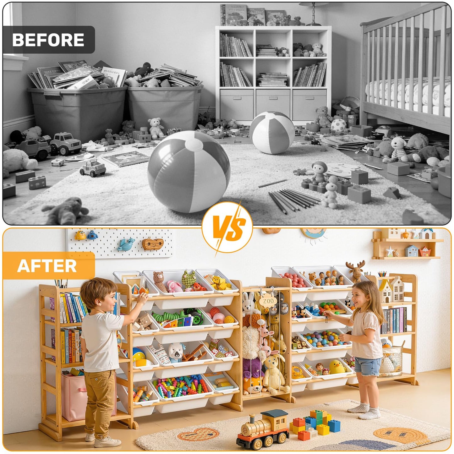 Yazzropt 114" Large Toy Storage Organizer with Bins Shelves & Stuffed Animal Storage for Kids Wood Toddler Playroom Organization with Bookshelf Toys Box Wooden Organizers for Kids Room Nursery Bedroom