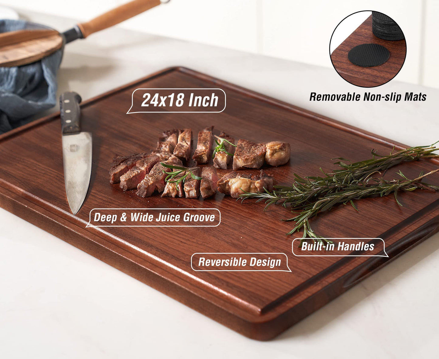 AZRHOM Walnut Wood Cutting Board, 24x18in Extra Large Wooden Chopping Boards with Deep Juice Groove and Side Handle, Thick Butcher Block for Kitchen Meat Cheese Gift for Wife Mom Gift Box