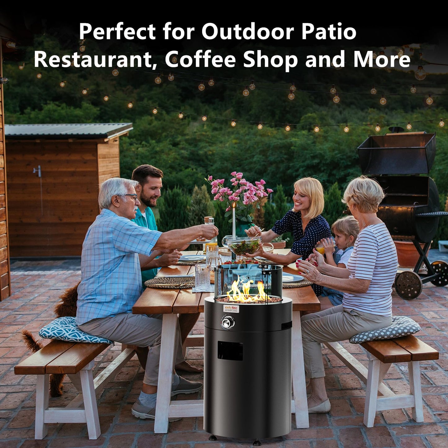 ONLYFIRE OUTDOOR LIVING Detachable Gas Fire Pit with Lava Rocks, Glass Shield & Wheels, Smokeless Propane Firepit with Hose for Patio Backyard Camping RV Tailgating Restaurant Beach, Round, FP034