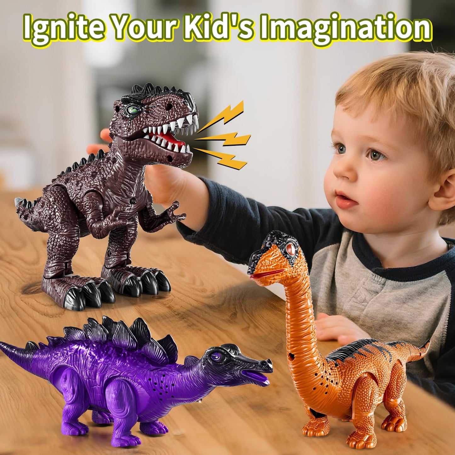 Lucky Doug 3 Pack Electric Realistic Dinosaur Toys with Simulated Sounds ＆ Lights for Boys Kids Aged 3 4 5 Years Old - Perfect Jurassic Tyrannosaurus Rex Gift for Birthday 3-5 Years