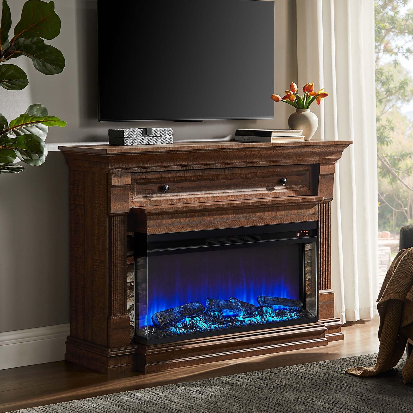 OKD 52 Inch Electric Fireplace with Mantel, Fireplace TV Stand with 36" 3-Sided Glass Electric Fireplace Heater for Living Room (Brown)