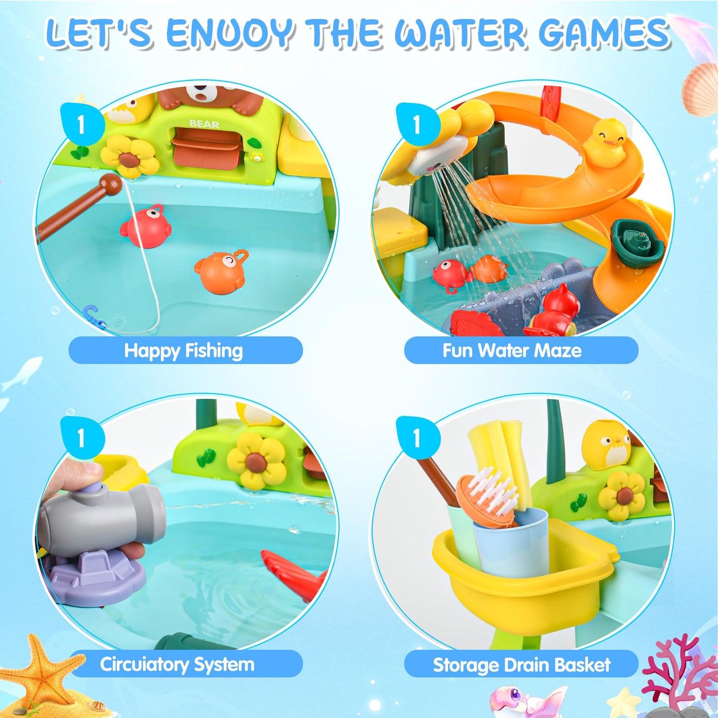 Upgraded Toddler Sand Water Table Toy with Electric Water Pump, Kids Sand Water with Faucet/Play Food Accessories/Fishing Toy, Kitchen Play Sink Toys for Girl Boy Age 3+ (Blue-Sunflower)