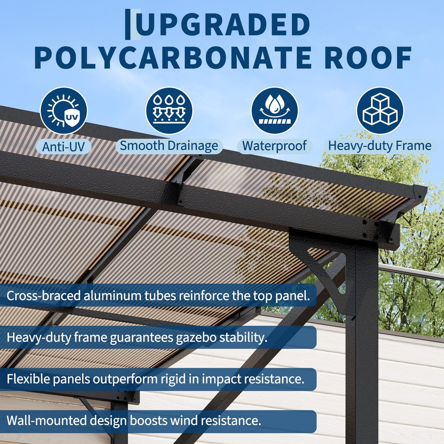 10x14FT Lean to Gazebo, Heavy-Duty Wall-Attached Gazebo with Sturdy Steel Frame, Hardtop Metal Pergola with 6mm Anti-UV Polycarbonate Roof & Pre-Drilled Post Bases, Patio Canopy for Backyard, Deck