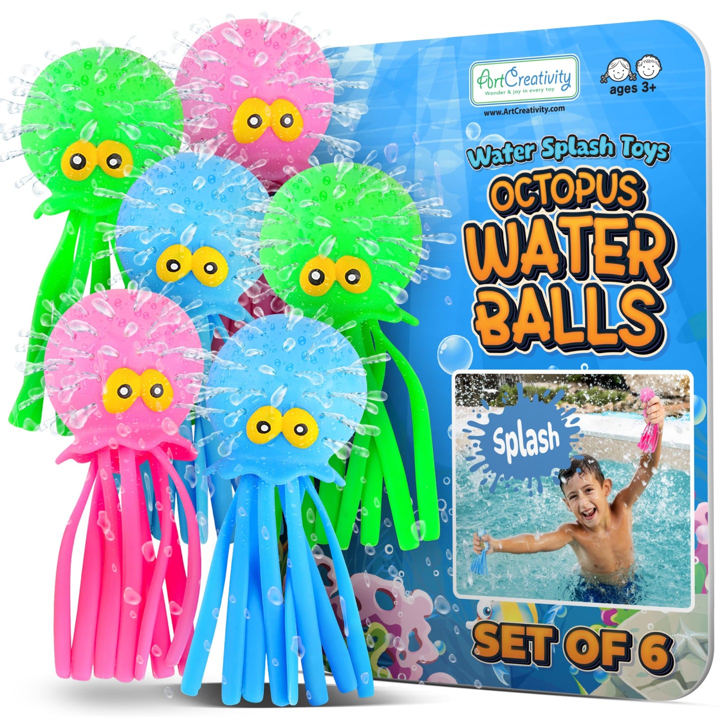 ArtCreativity Octopus Water Balls (Pack of 6), Pool Toys for Toddlers 3-5, Sensory Stress Relief Toy for Kids, Beach Water Toys & Swimming Toy for Toddlers, Cute Goodie Bag Fillers for Boys & Girls