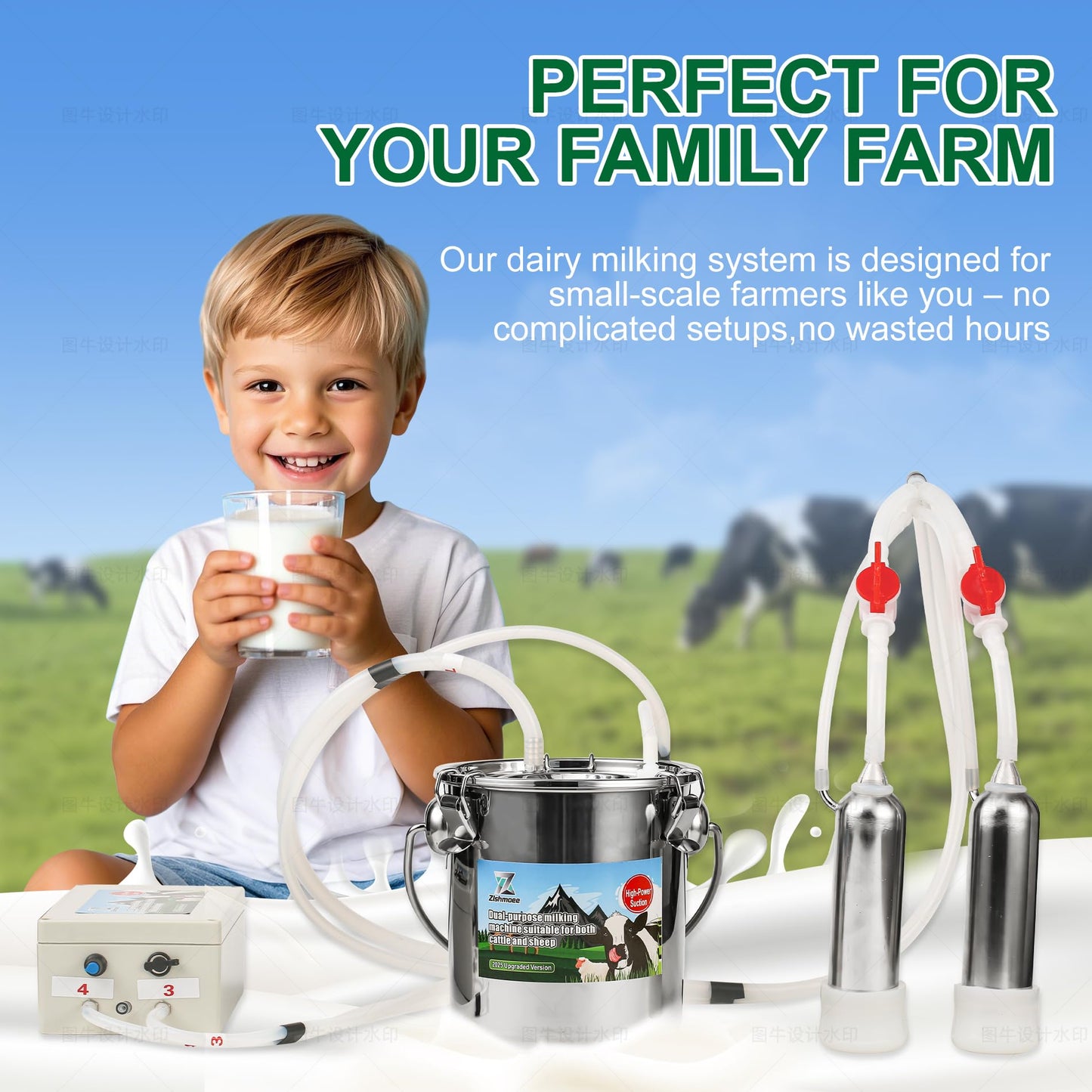2026 Upgrade Zlshmoee 7L 2-in-1 Electric Milking Machine for Goats and Cows, Portable Milker with Built-in Rechargeable Battery, Pulsation Vacuum Pump, 4 Teat Cups, Stainless Steel Bucket