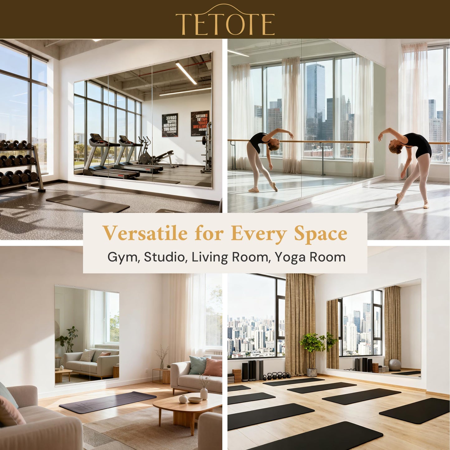 TETOTE Gym Mirrors for Home Gym Wall Large 67" x 24" - 2PCS Workout Exercise Fitness Mirror, Tempered Glass Frameless Full Length Mirror for Garage, Dance Studio, Yoga, Bedroom, Living Room