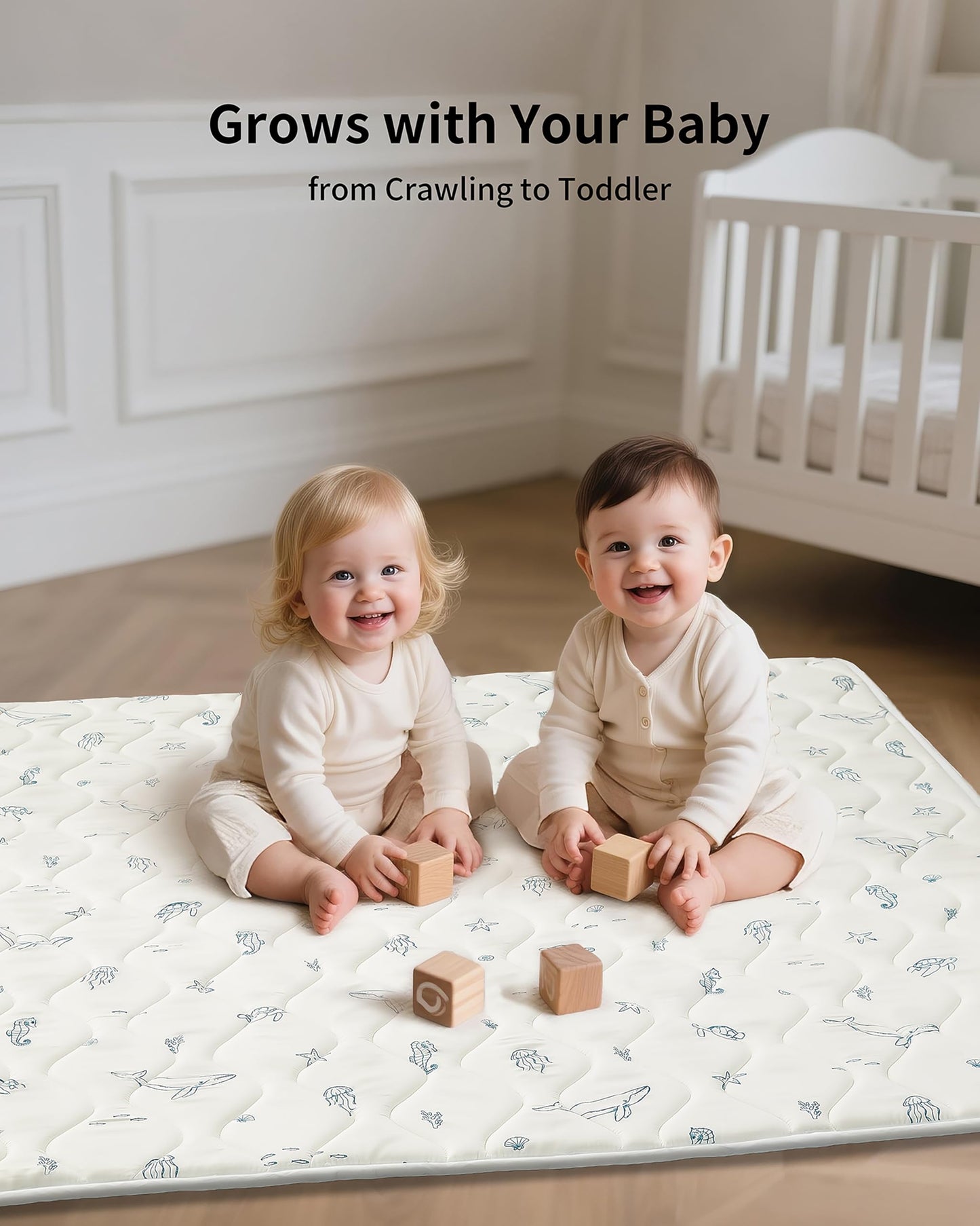 Fortella Extra Thick Baby Play Mat for 50" Playpen, 47"x47" Snug Fit Playpen Mat, Machine Washable Foam Play Mat for Floor - Portable, Non-Slip Tummy Time & Crawling Mat for Babies Toddlers (Ocean Ivory)