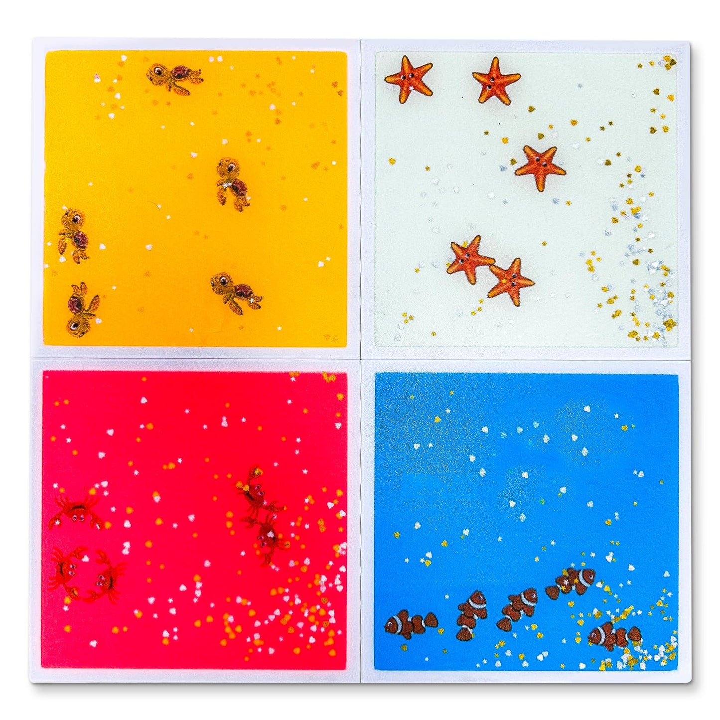 Onyoloy Kids Sensory Liquid Tiles: 11.8" X 11.8", Set of 4 Square Liquid Fusion Activity Playmats with Different Glow-in-The-Dark Colors for Baby, Toddler and Kids Gym, Nursery, Playroom.