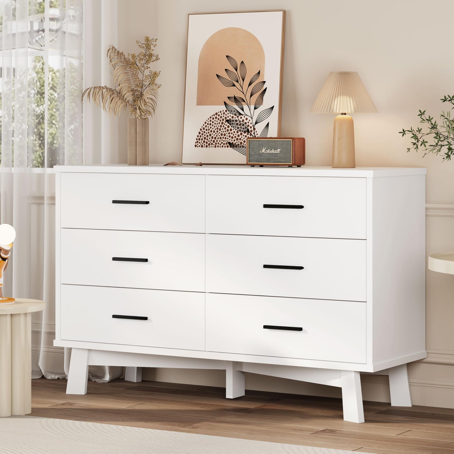 Xixini Dresser for Bedroom, 6 Drawer Wide Modern Chest of Drawers with X-Shaped Sturdy Base, Wood Double Dresser Closet Clothes Storage Organizer, Wooden TV Stand for Living Room, Hallway, White