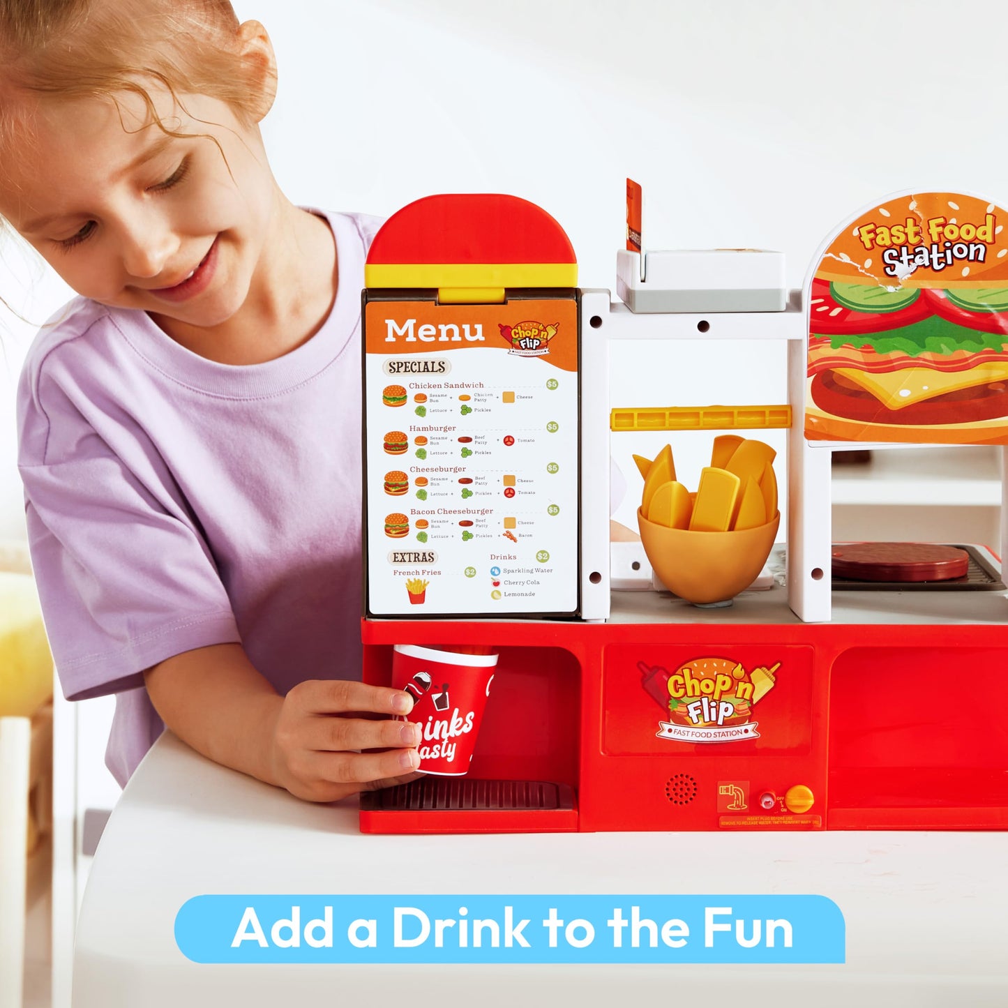 lalalark Restaurant Play Food Set Toy, 40+ PCS Fast Food Playset with Potato Cutter, Simulated Frying Effect & Lights, Order, Card & Drink Station, Interactive Role Play Toy Birthday Gift