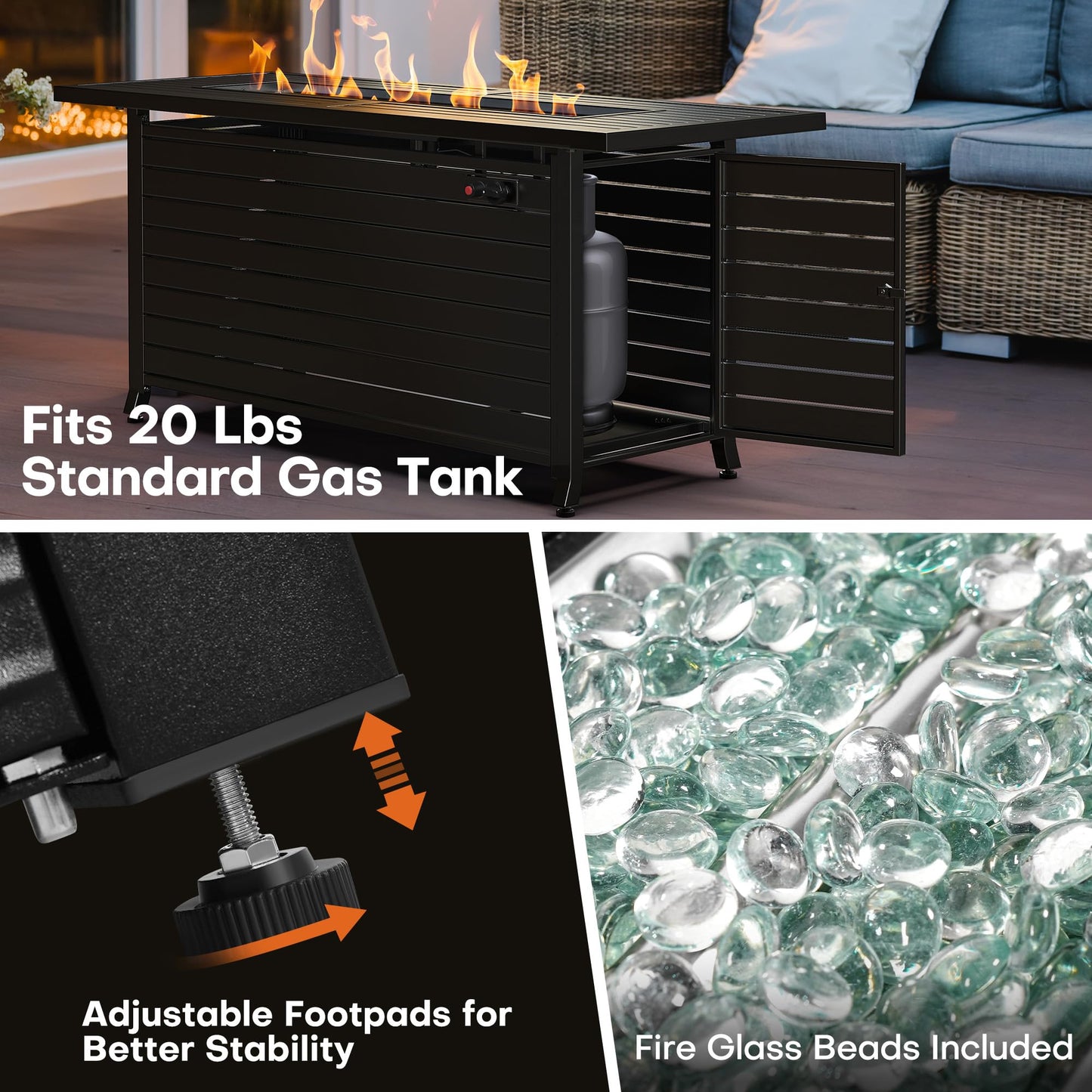 LEGACY HEATING 57 Inch Propane Fire Pit Table, 50000BTU Outdoor Gas Fire Pit, 2 in 1 Rectangular Firepit w/Lid, Glass Beads, ETL Certified for Gatherings on Garden Backyard, Black