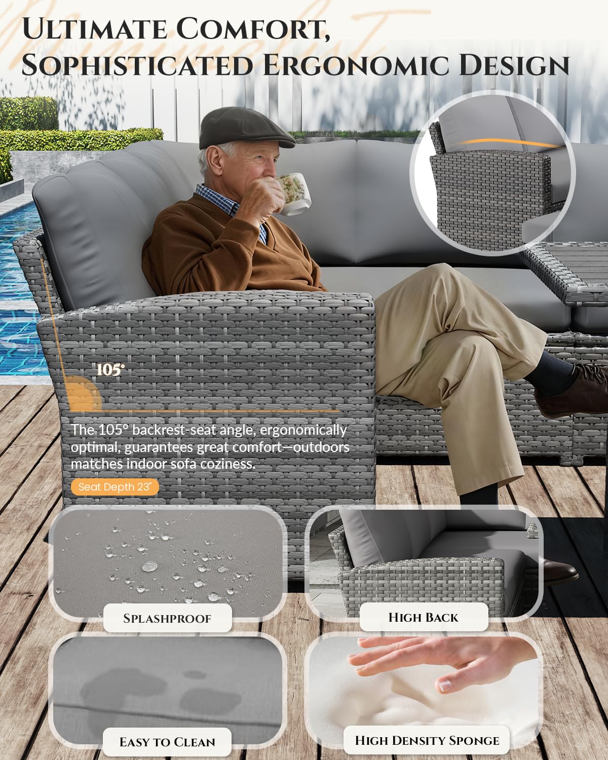 U-MAX 7 Pieces Patio Furniture Set with Waterproof Cover, Outdoor Sectional Sofa Conversation Set, All Weather Wicker Rattan Dining Table & Chair with Ottoman, Grey Rattan&Grey Cushion