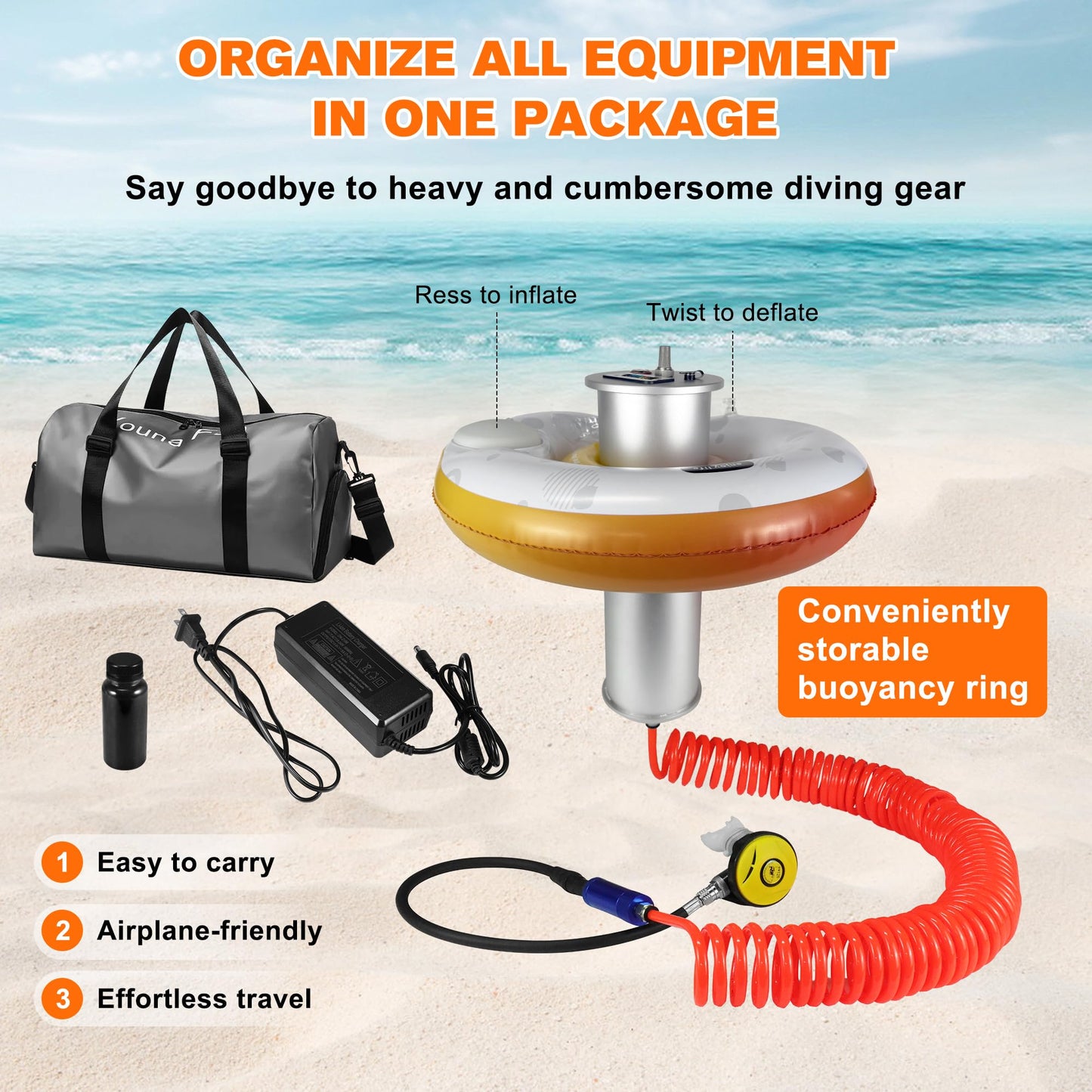 Xyuee X001 Scuba Diving Ventilator System, Portable Tankless Lung Underwater Breathing Device with 50FT Long Tube, High-Flow Rechargeable Air Compressor for Snorkeling, Recreational Diving & Fishing