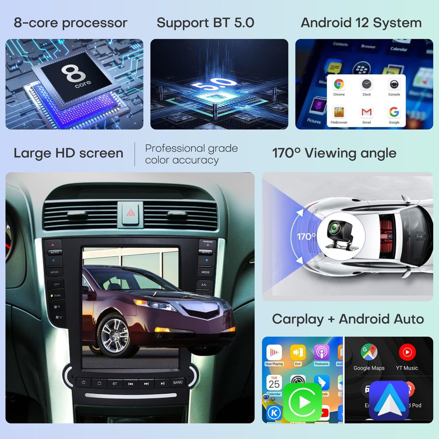 Car Radio for Acura TL 2004-2008 Relacement Stereo Carplay Upgrade Android Auto Tesla Style Display Screen with DSP in Dash Headunit GPS Navigation Multimedia Player Voice Control