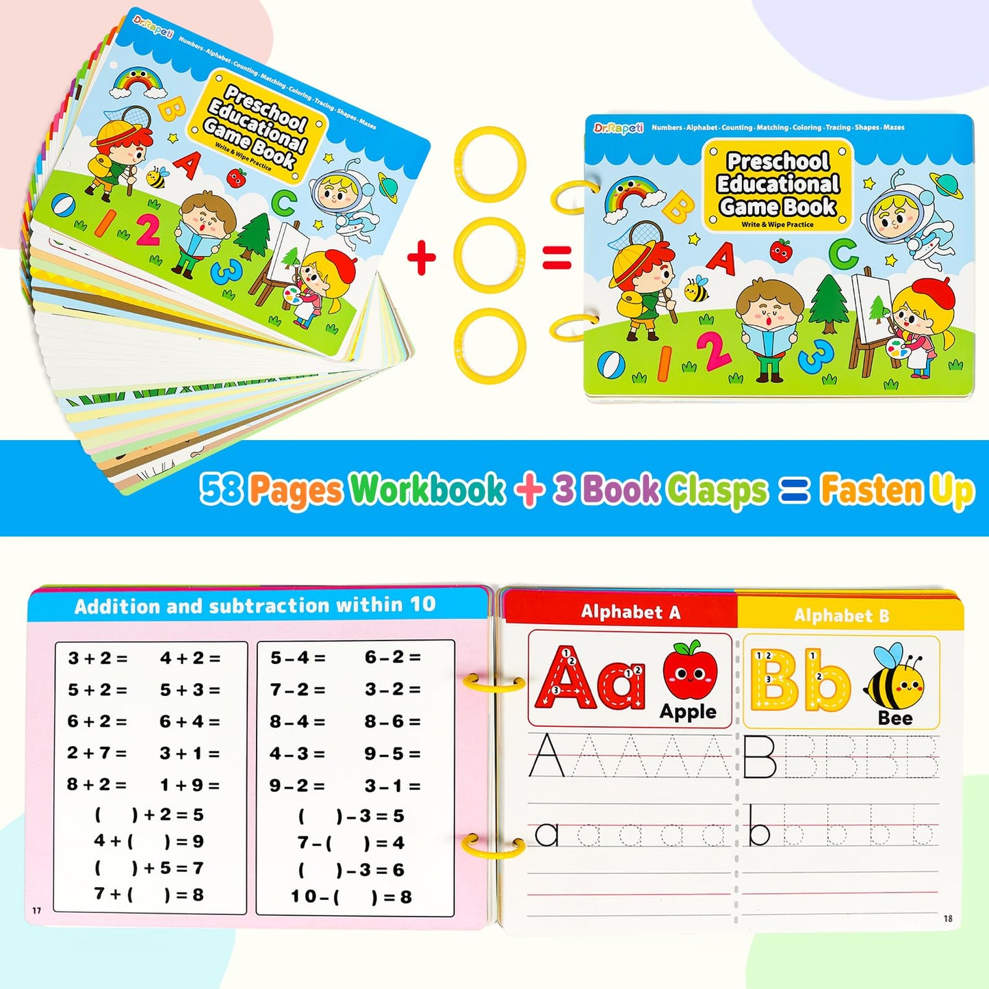 Dr.Rapeti Preschool Learning Activities Educational Workbook Busy Book 58 Pages Prek Montessori Handwriting Practice Activity Tracing Toy Early Learning Toy for Kids Toddlers for 3 years+