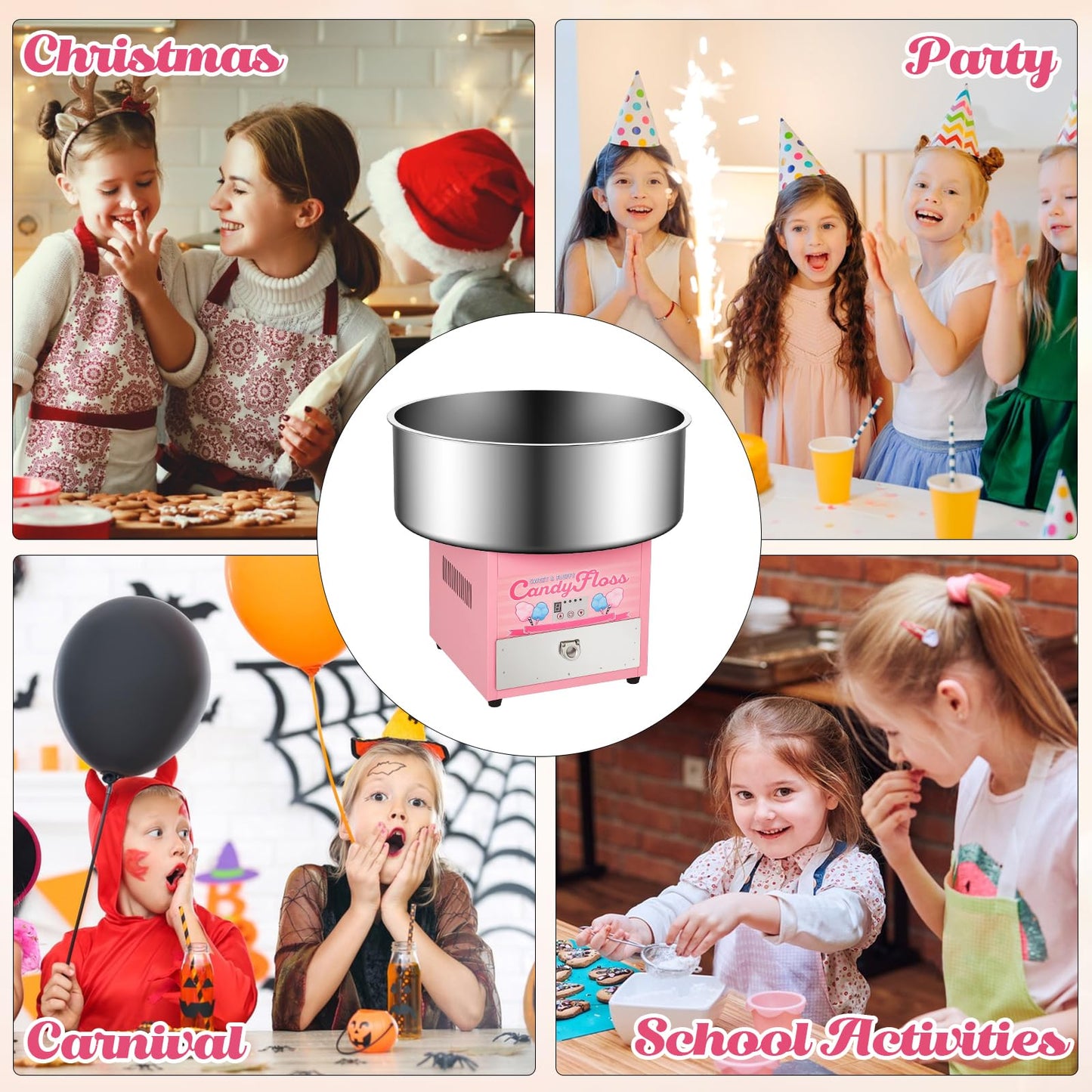 Candy Cotton Machine for Kids, Electric Commercial Candy Cotton Maker with 20 in Stainless Steel Bowl for Home Family Party Festival Pink