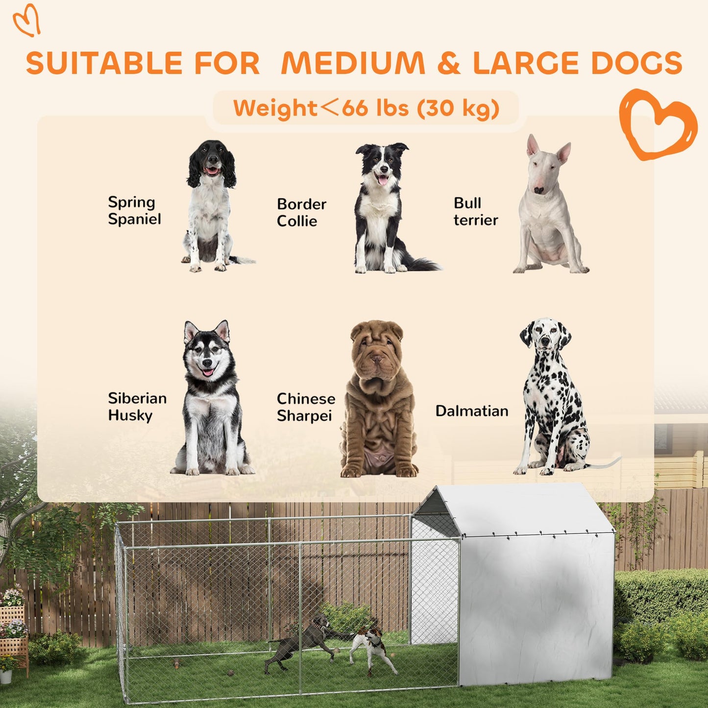 PawHut Large Outdoor Dog Kennel, Heavy Duty Galvanized Chain Link Dog Kennel Outside with Waterproof & UV-Resistant Cover, Rotating Bowls Door, for M&L Breeds, Chickens, Ducks, 20' x 7.5' x 7.5'