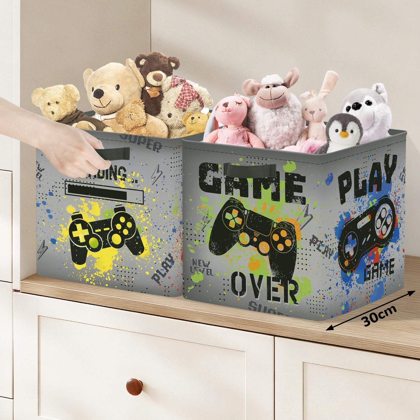 Clastyle Video Game Kid Storage Cube Organizer Set Black Gamepad Closet Clothes Cube Storage Bin Nursery Toddler Toy Box Chest Girl Boy Book Shelf Basket,Graffiti,11.8x11.8x11.8 in