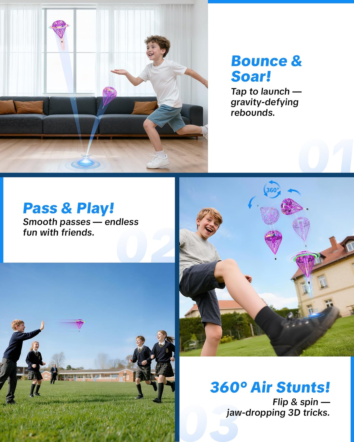 Flystars Flying Bouncing Toys, Next-Gen Pro 2025 Cosmic Globe Flying Orb Ball Motion-Control Hover Spinner with 3D Flips, Cool Birthday Toy for Kids 6+ Boys Girls Teens (Purple-L)