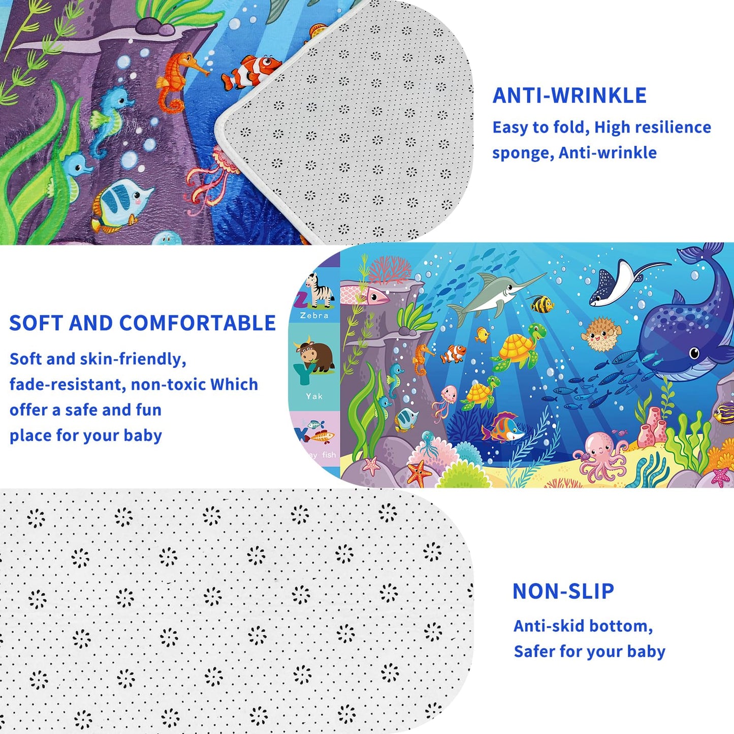 LTKOUGFAM Baby Mat for Floor-Underwater World Play Rug, ABC Kids Rugs for Playroom, Ocean Playmat Crawling Tummy Time Mat, Non-Toxic Non-Slip Foldable Mats (59X39.4 INCH)