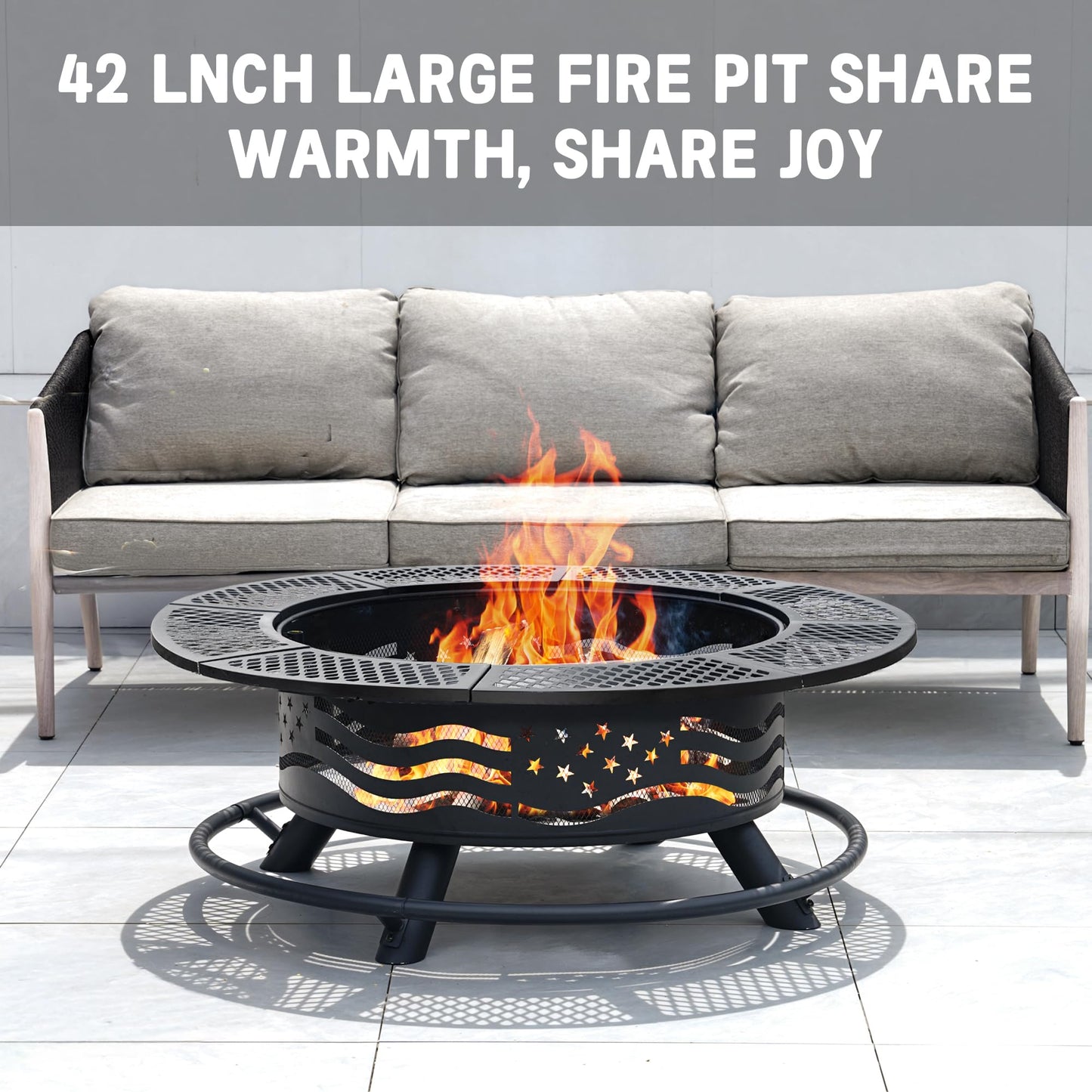 Panovue 42 Inch Fire Pit with 2 Cooking Grates, Outdoor Wood Burning BBQ Grill Firepit Bowl with Cover Lid, Steel Round Table for Backyard Bonfire Patio Picnic (Black, 42)