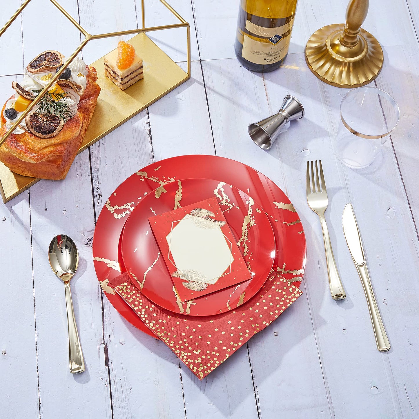 N9R 225PCS Red Gold Plastic Dinnerware Set - Disposable for Mother’s Day, Includes 25 Dinner Plates, 25 Dessert Plates, 25 Forks, 25 Spoons, 25 Knives, 25 Gold Cups, 25 Napkins & Table Cards