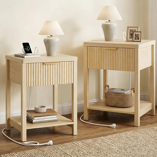 Lulive Night Stand Set 2, Fluted Nightstand with Charging Station, Wood Modern Bedside End Table with Storage Drawer for Bedroom, Save Space (Set of 2, Natural Oak)