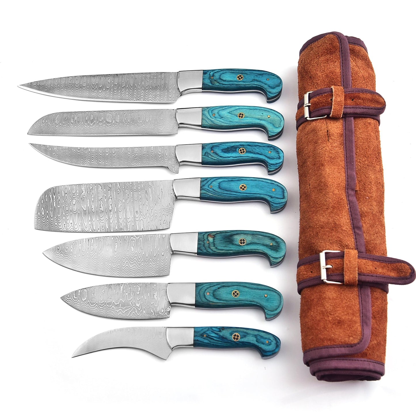 FYNCUT 101-7 Stainless Steel Damascus Kitchen Knife Set Hand Forged Butcher Chef Knife Set with Roll Bag Sharp Meat Cleaver Bone Chopper Fillet Knives for Home Camping BBQ Gift for Men 101-7 (7)
