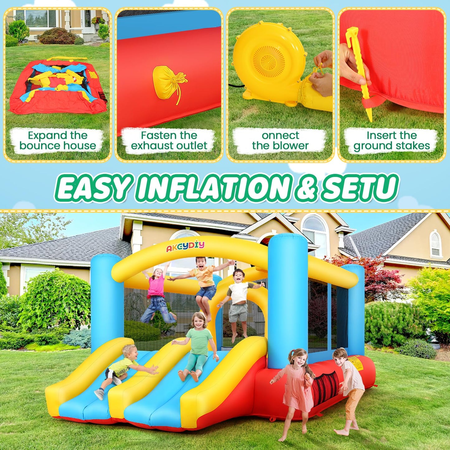 WHUBEFY Bounce House,Inflatable Bounce House for Kids with Blower Included,Indoor/Outdoor Playhouse Kids Bouncy House for Backyard,Jumping Castle with 2 Slides,Jumping Area (Inflatable Bounce House)