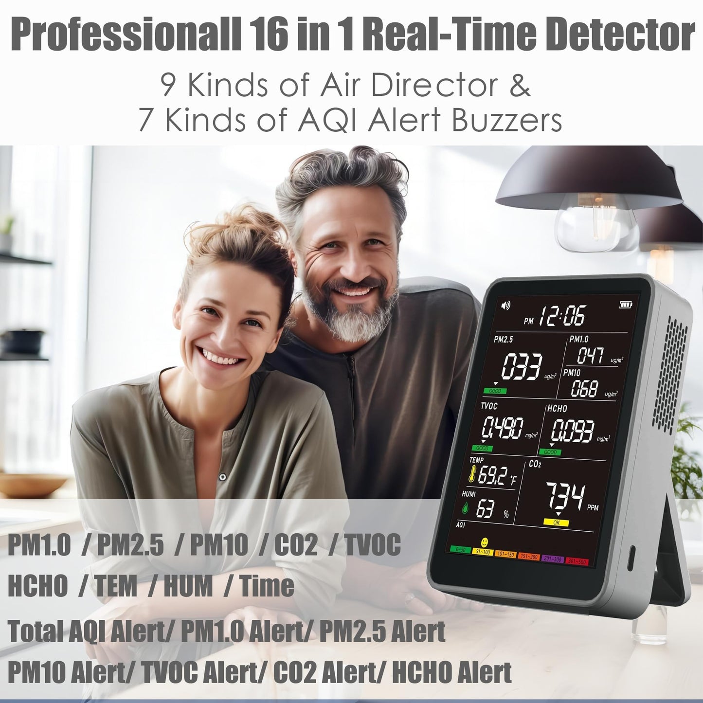 Professional Indoor Air Quality Monitor with AQI Alarms, Portable Real-Time Detector for Home Cars Plants and Pets (Grey)