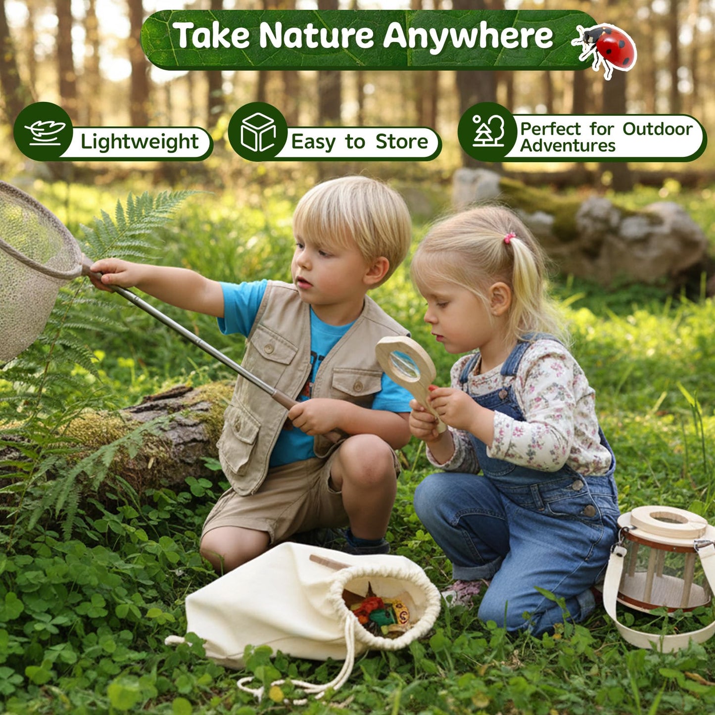 GAGAKU Kids Bug Catching Kit with Backpack - 8 in 1 Outdoor Explorer Set with Net, Wooden Box & Magnifying Glass, STEM Science Educational Toys Gifts for Boys Girls Ages 4-12