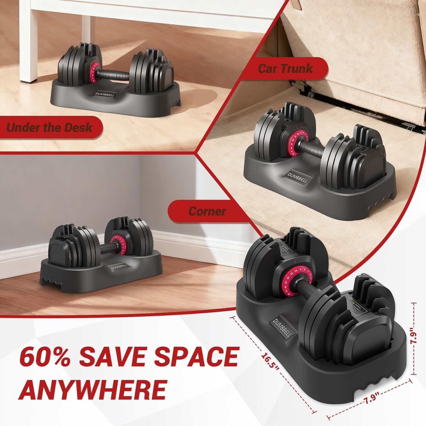 PeacefulHues 56LB Adjustable Dumbbell Set 1PC – Fast Adjust 18-in-1 Free Weights – Non-Slip Handle – Compact, Space-Saving Home Gym Strength Training Equipment for Men & Women – Full Body Workout, Red and Black