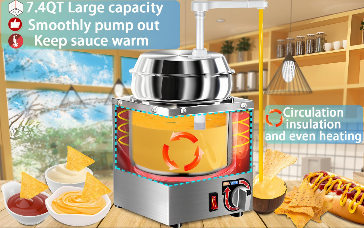 Nacho Cheese Dispenser, 7.4Qt Nacho Cheese Warmer with Pump, Stainless Steel Hot Fudge Warmer W/6-Level Temperature Adjustment, Commercial Sauce Dispenser for Butter Cheese Caramel