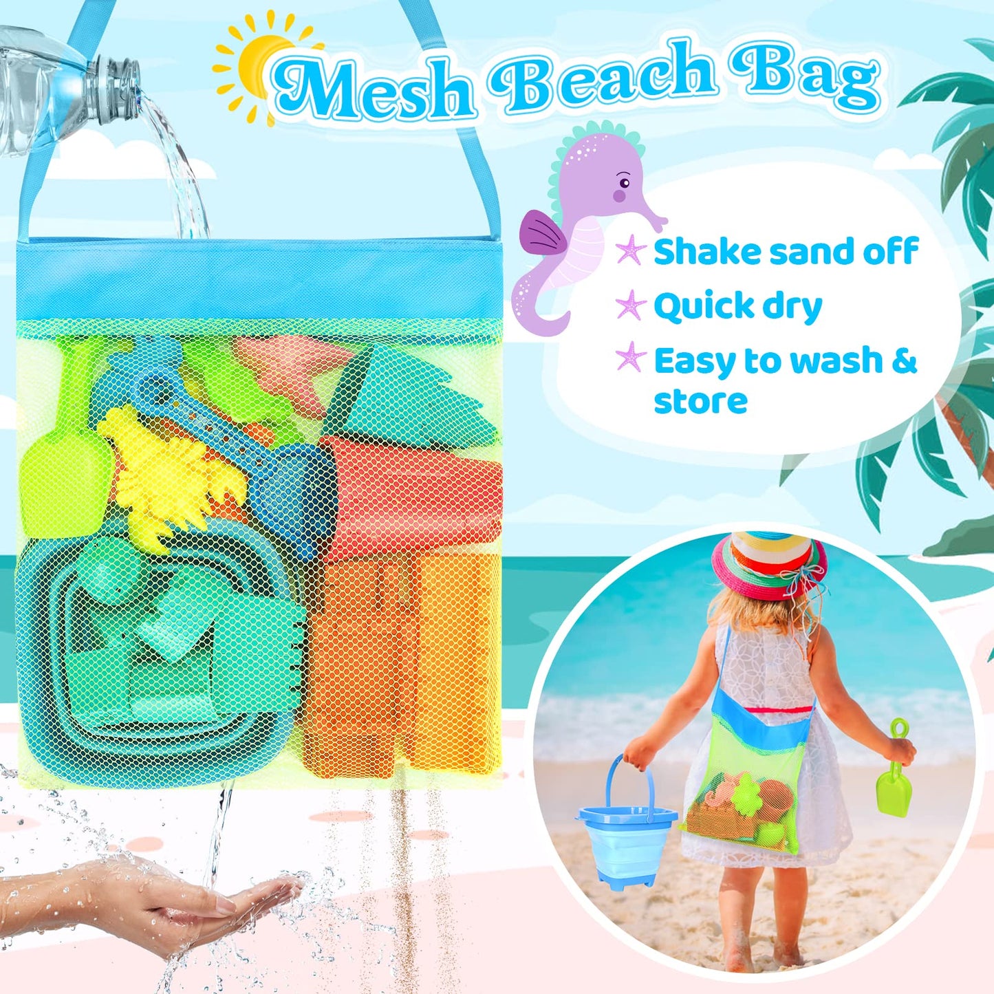 Collapsible Beach Toys for Kids Toddlers, Collapsible Sand Bucket and Shovels Set with Mesh Bag,Travel Sand Castle Building Kit, Sandbox Toys, Foldable Beach Essentials for Toddlers Kids Age 3-10 ﻿
