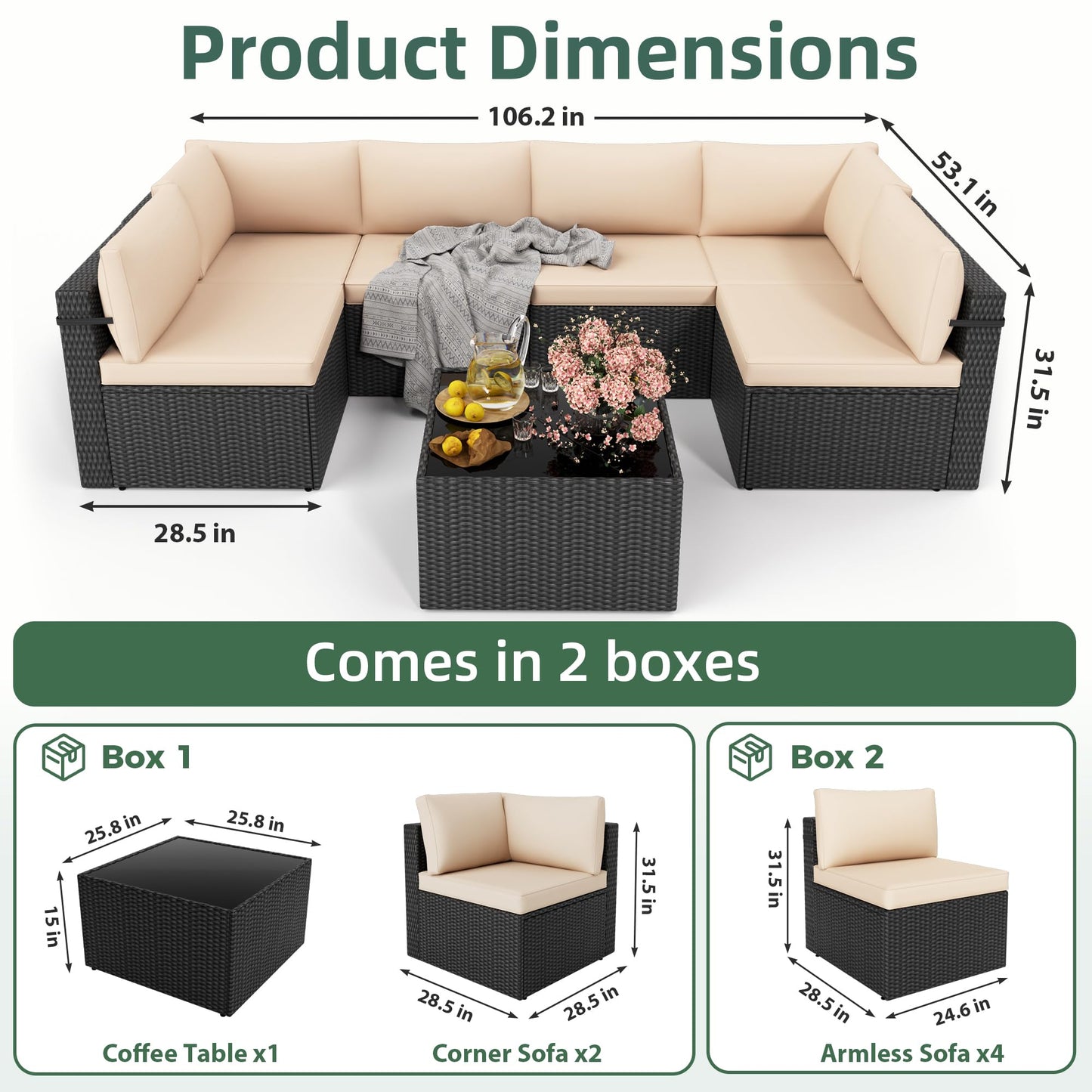 PATIOPIA 7-Piece Outdoor Sectional Sofa Set, Weather-Resistant Patio Furniture Set with Washable Cushions and Coffee Table, Black Rattan Patio Conversation Set for Poolside, Backyard, Deck (Beige)