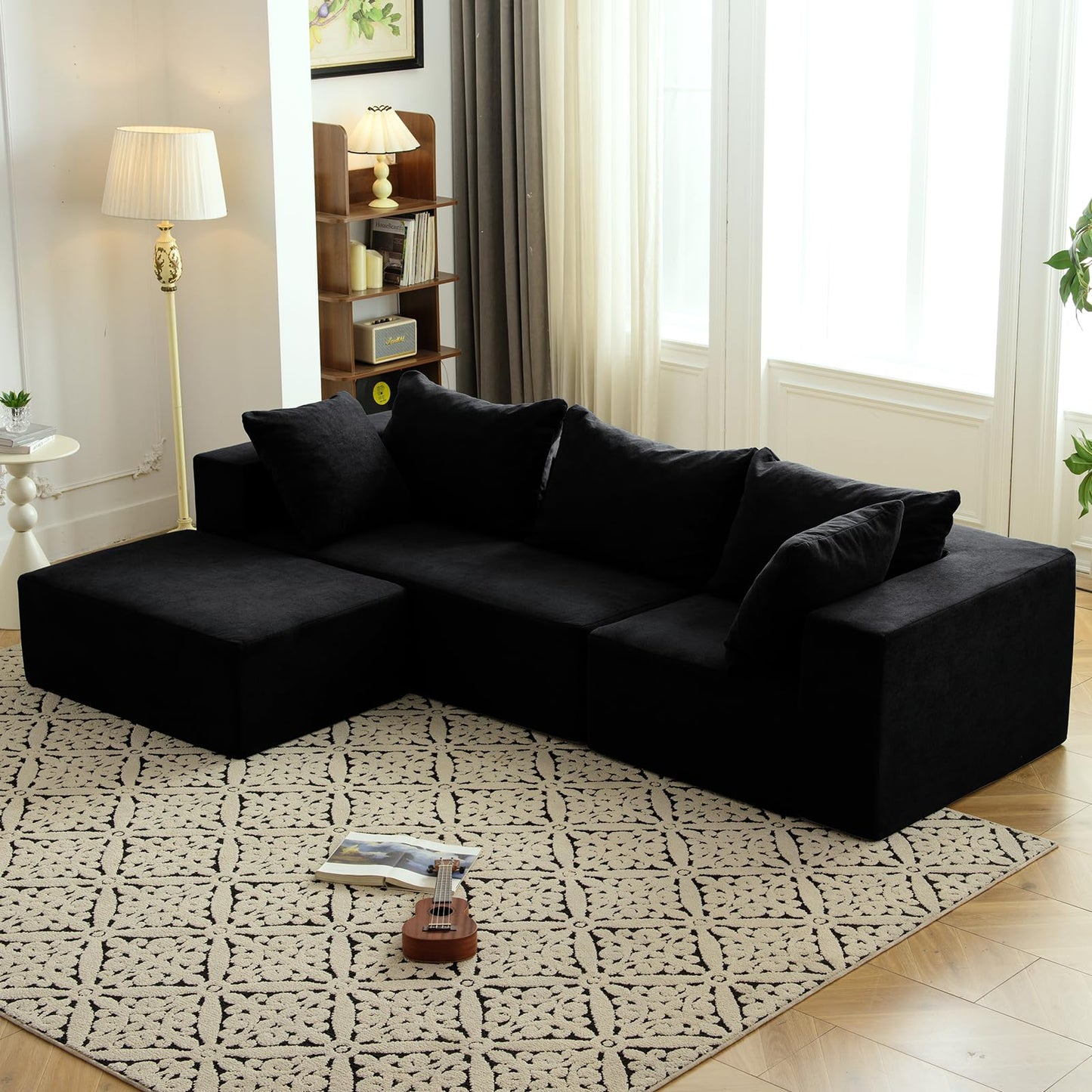 Vamcheer Modular Sectional Sofa - Modern L Shaped Boneless Couch with Deep Seat, Upholstered Sectional Couches for Living Room, Bedroom, Office, No Assembly Required, Black